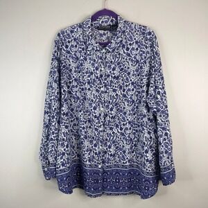 Vintage Batik Floral Print Top Womens 3X Purple Button Up Tunic Cool Comfy Layer
